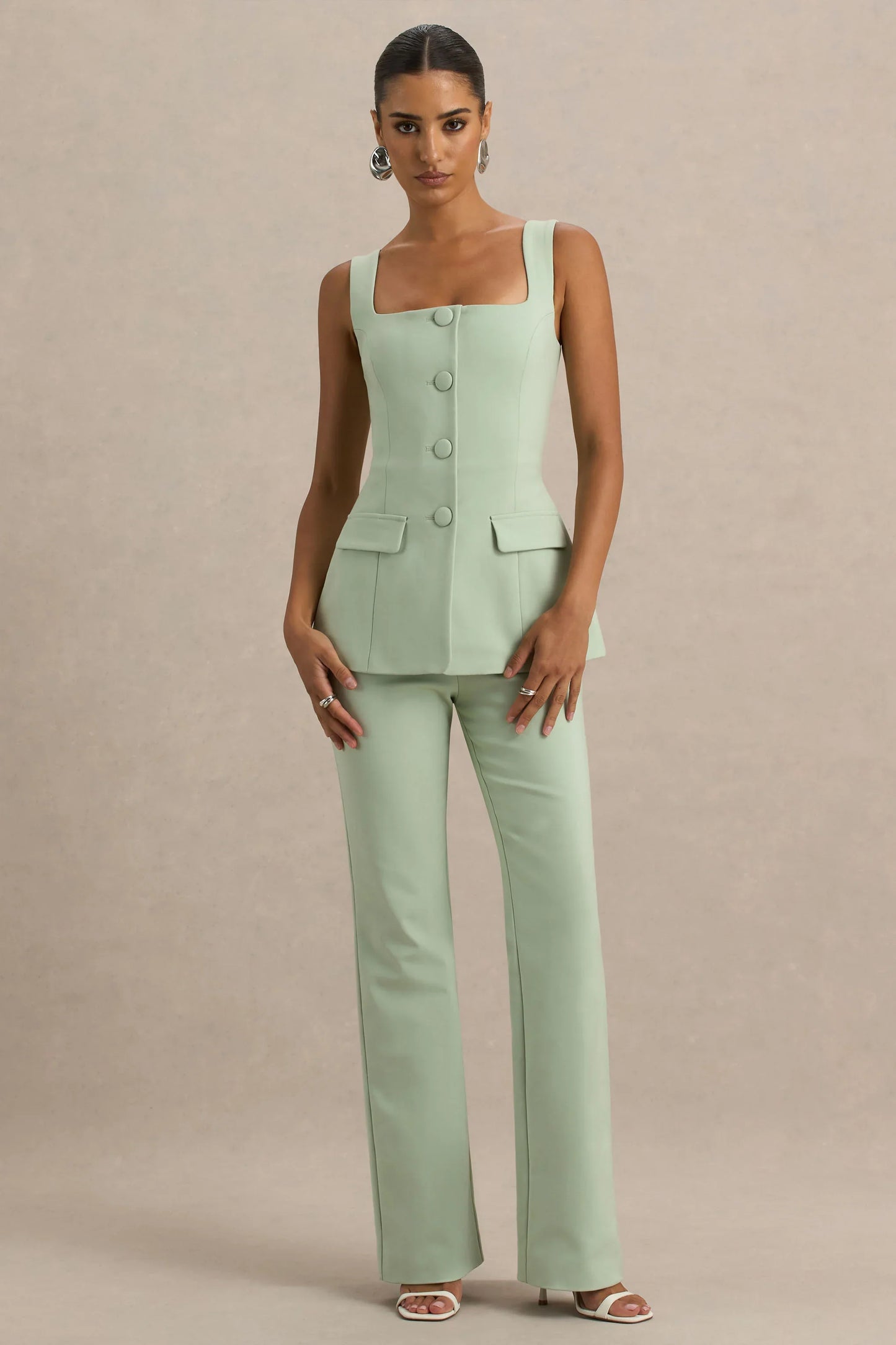 Aceline Light Green Square Neck Tailored Jumpsuit