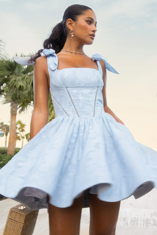 Bethani Light Blue Skater Mini Dress With Bow Straps
