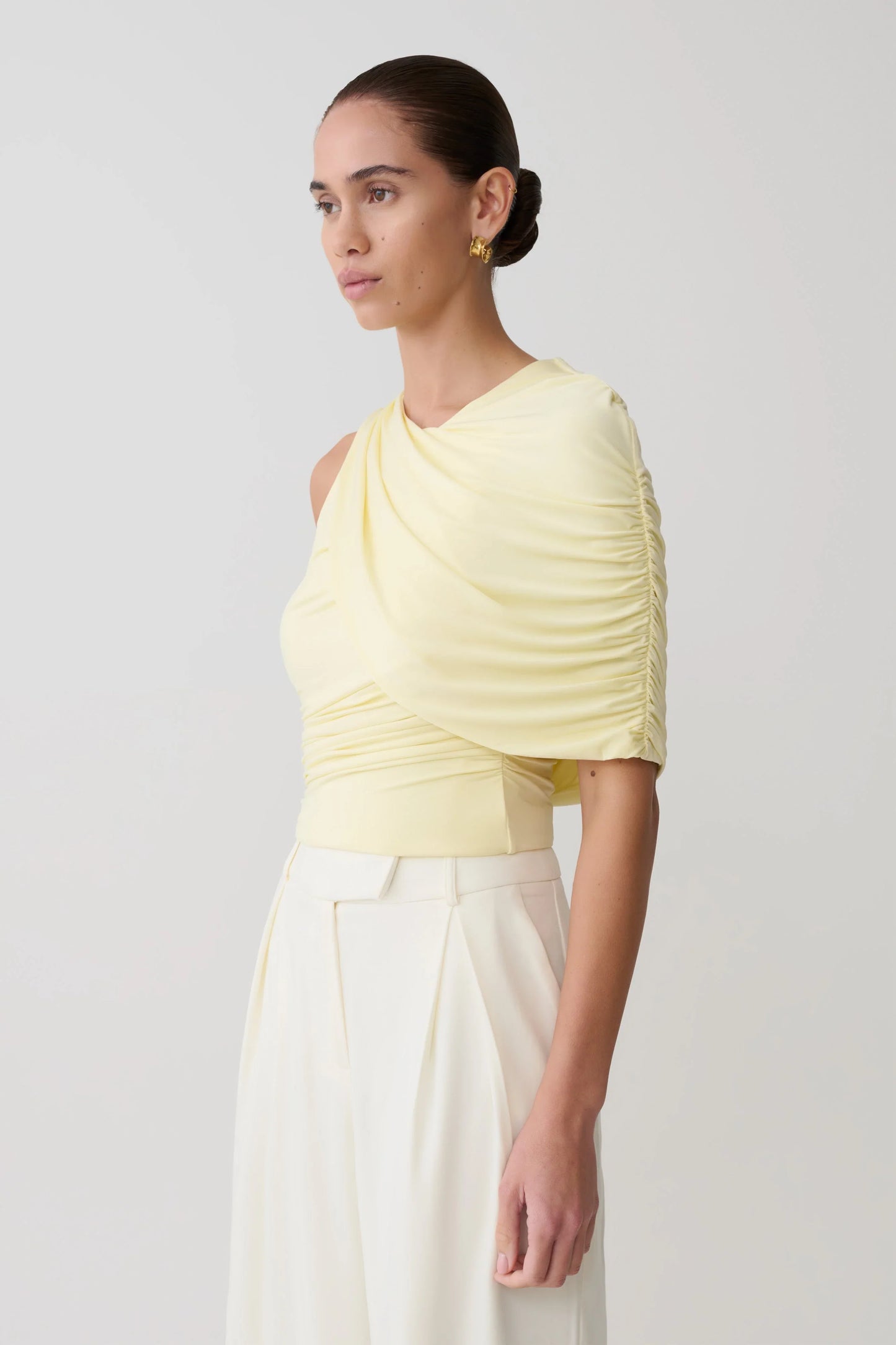 Adrienne One Shoulder Slinky Top Lemon