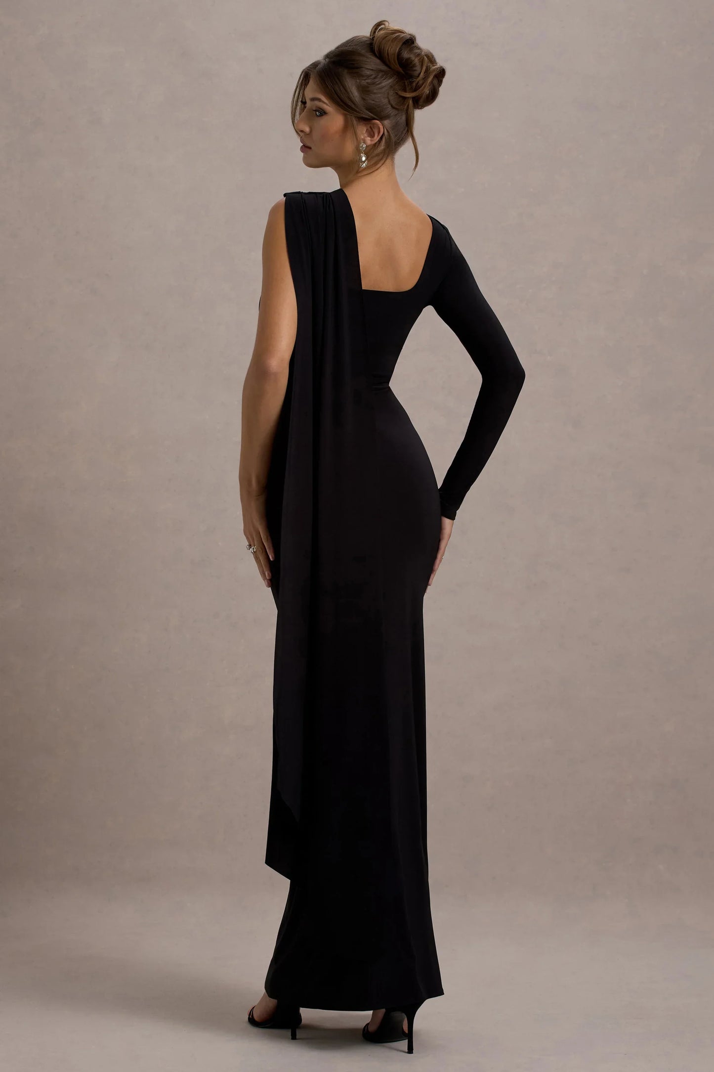 Ashini Black One Sleeve Maxi Dress With Cape