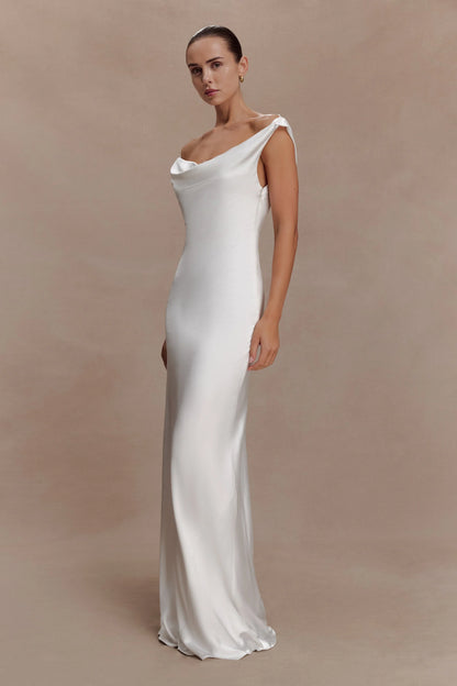 Ashley Cowl Neck Lace And Satin Maxi Dress Ivory