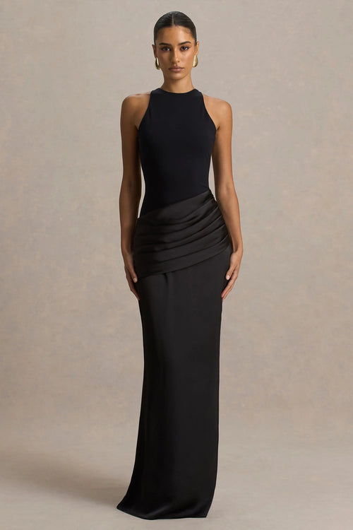 Akari Black Crew Neck Maxi Dress With Satin Skirt