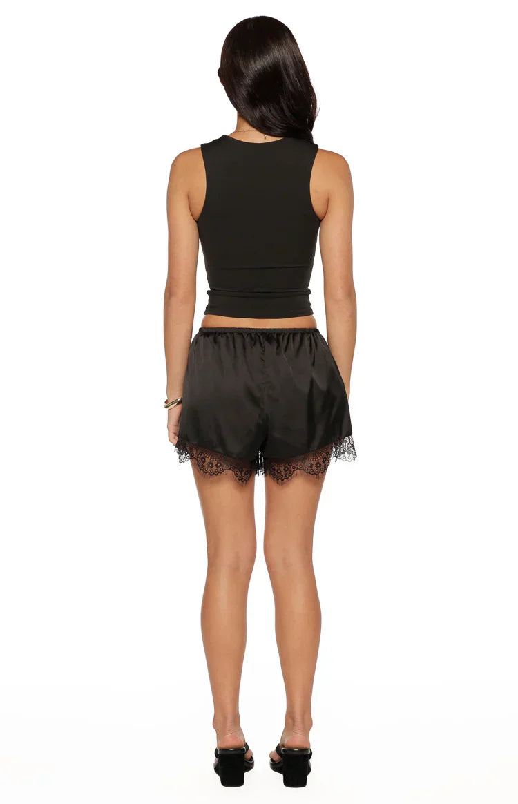 Agnes Black Lace Trim Satin Shorts