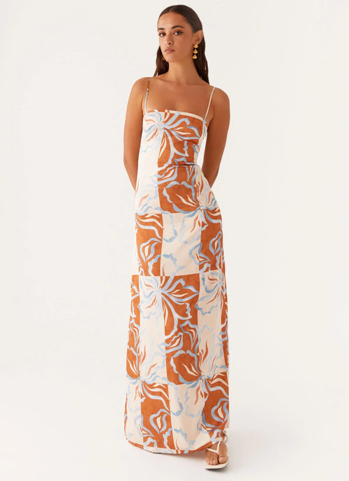Aster Bloom Maxi Dress Orange Blue Floral