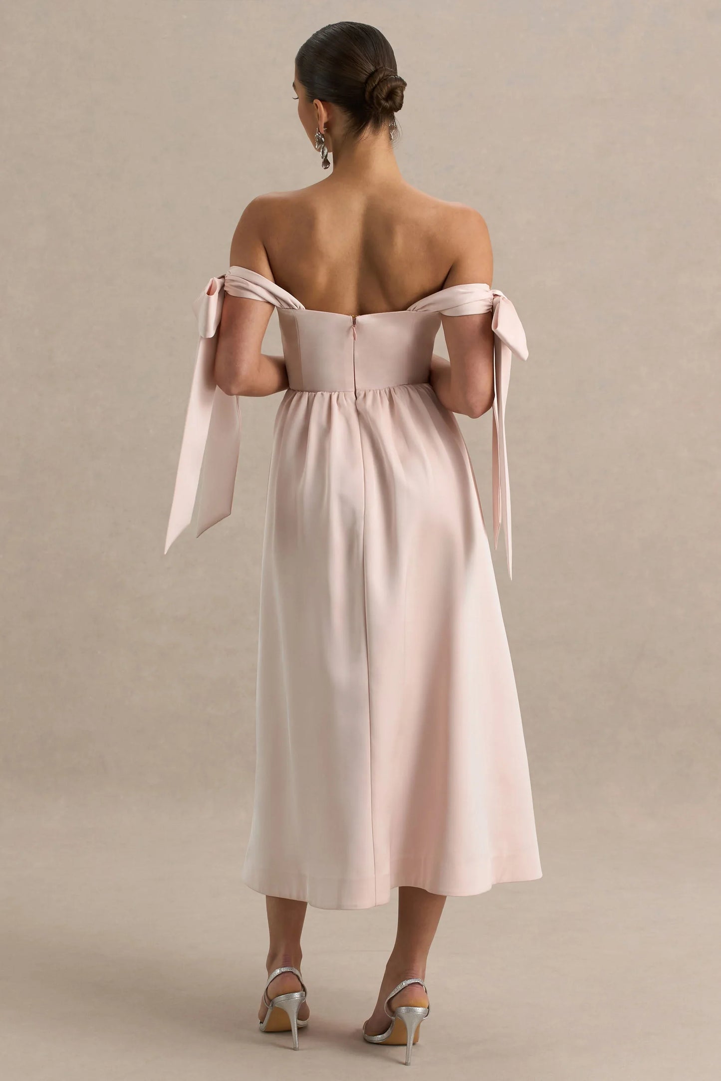 Agafay Rose Pink Satin Short Sleeve Bardot Wrap Midi Dress With Bow Detail