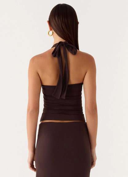 Brienne Beaded Halter Top - Chocolate