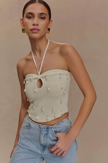 Aletta Knit Pearl Halter Top Ivory