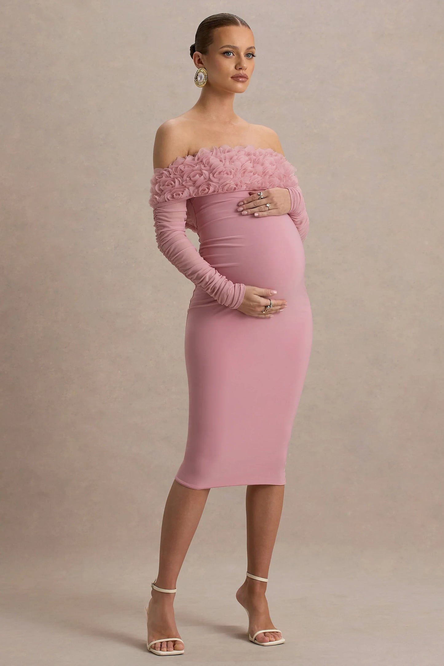 Adita Blush Pink Mesh Floral Bardot Maternity Midi Dress