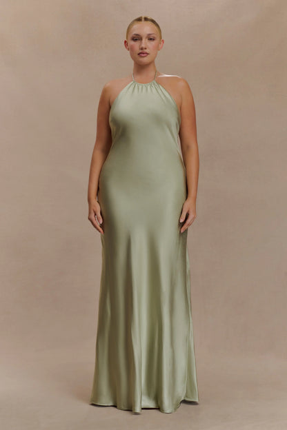 Bella Satin Halter Maxi Dress Sage