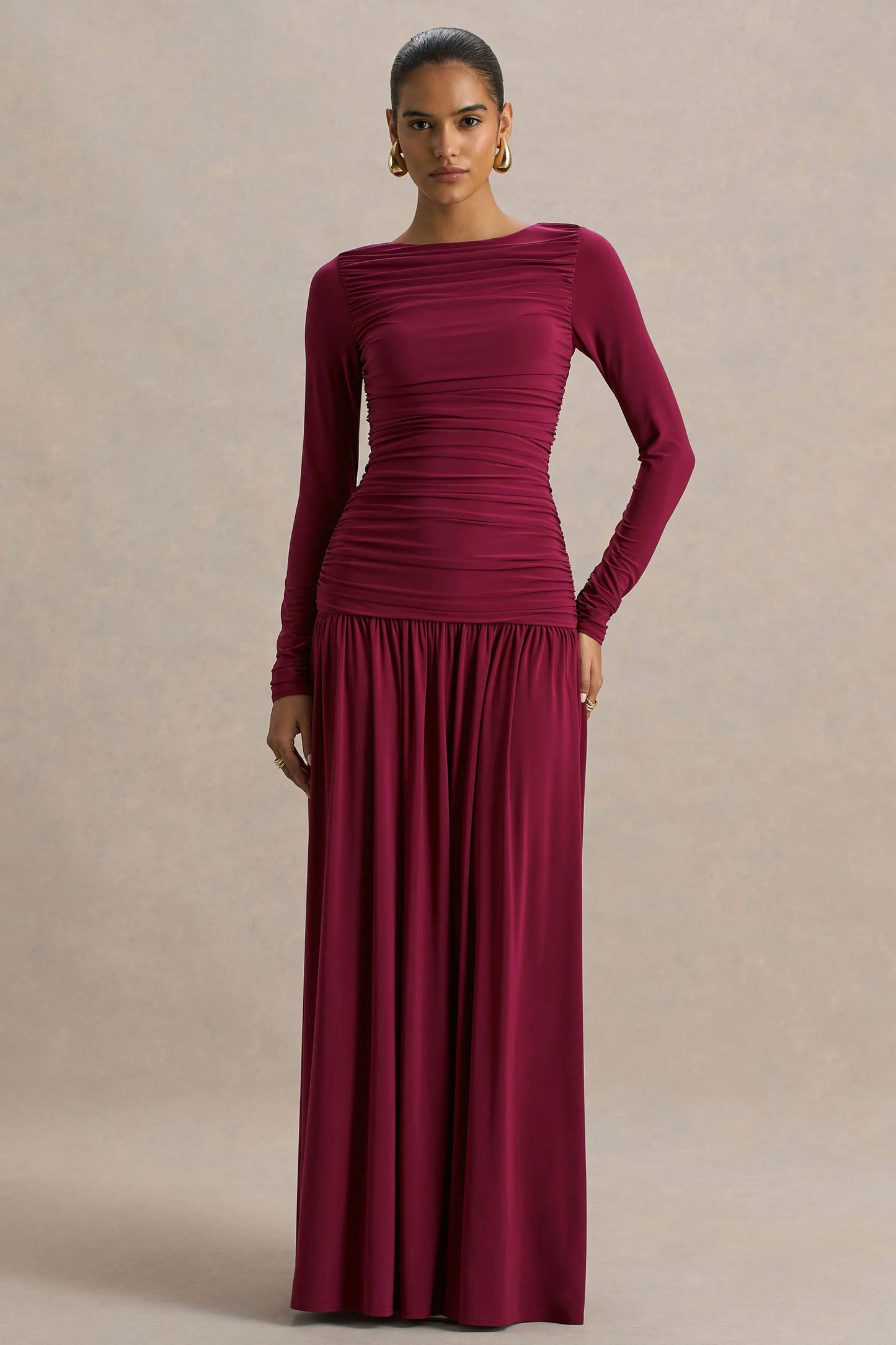 Aniyah Burgundy Slashed Neck Maxi Dress With Ruched Detailing