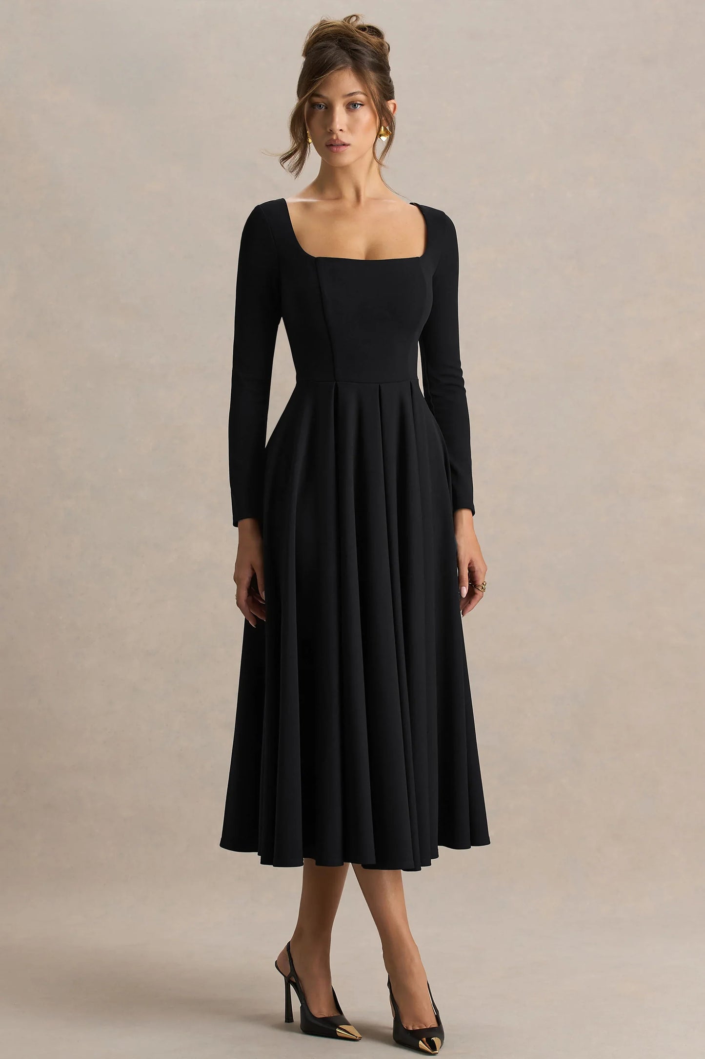 Alison Black Square Neck A Line Midi Dress
