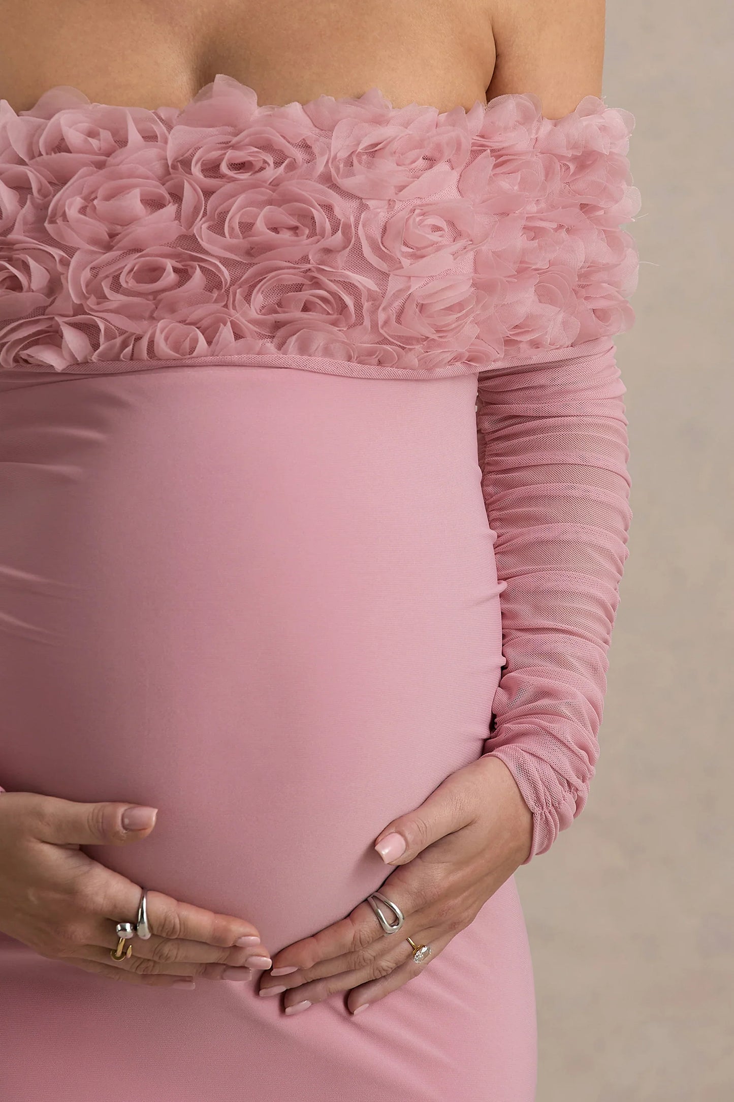 Adita Blush Pink Mesh Floral Bardot Maternity Midi Dress