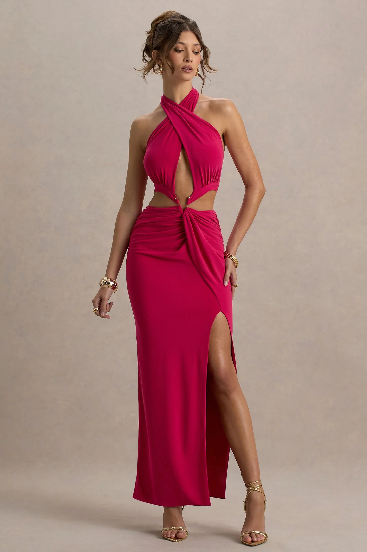 Aura Hot Pink Halter Neck Cut Out Split Maxi Dress