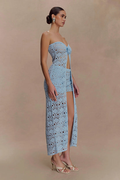 Aeline Strapless Crochet Knit Top Sky Blue