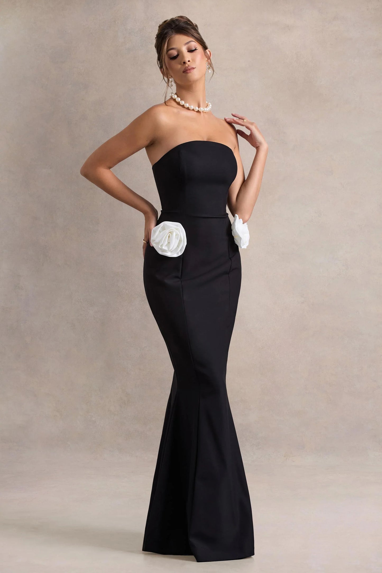 Best Of The Best Black Strapless Fishtail Maxi Dress With Corsages