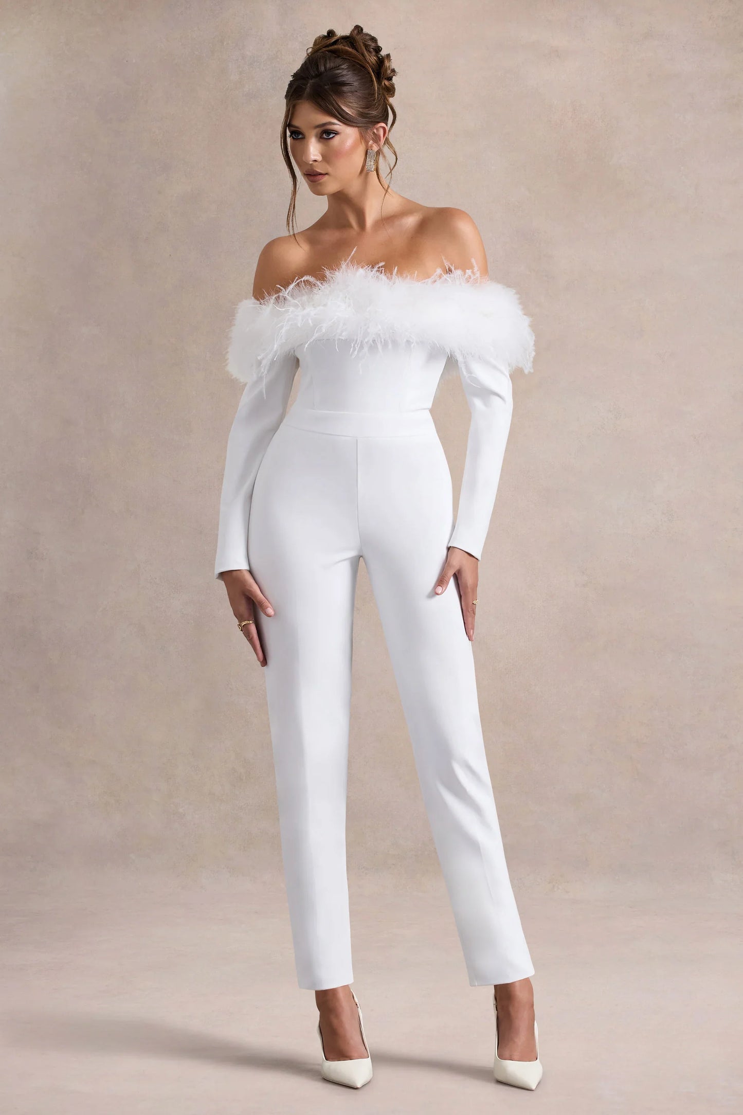 Ales White Bardot Tailored Straight Leg Jumpsuit With Feather Trim