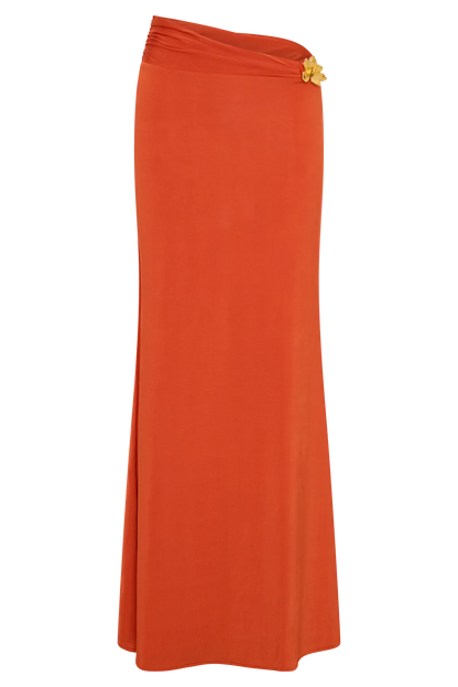 Ainsley Asymmetrical Maxi Skirt With Floral Hardware Burnt Orange