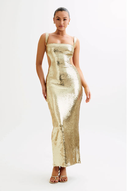 Adoria Sequin Cut Out Maxi Dress Gold