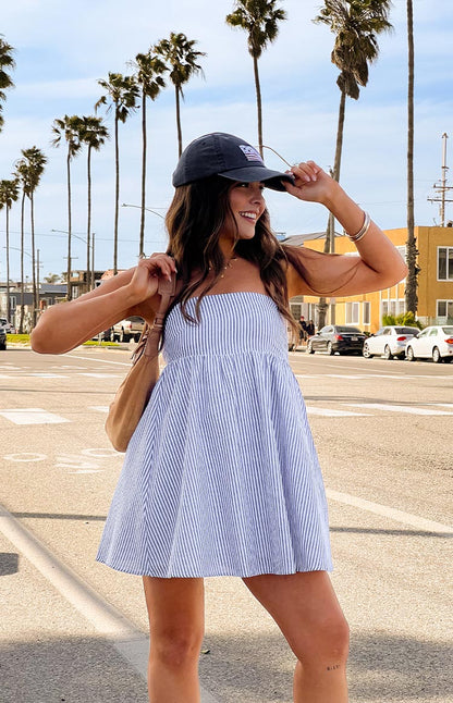 Anderson Blue Stripe Strapless Mini Dress