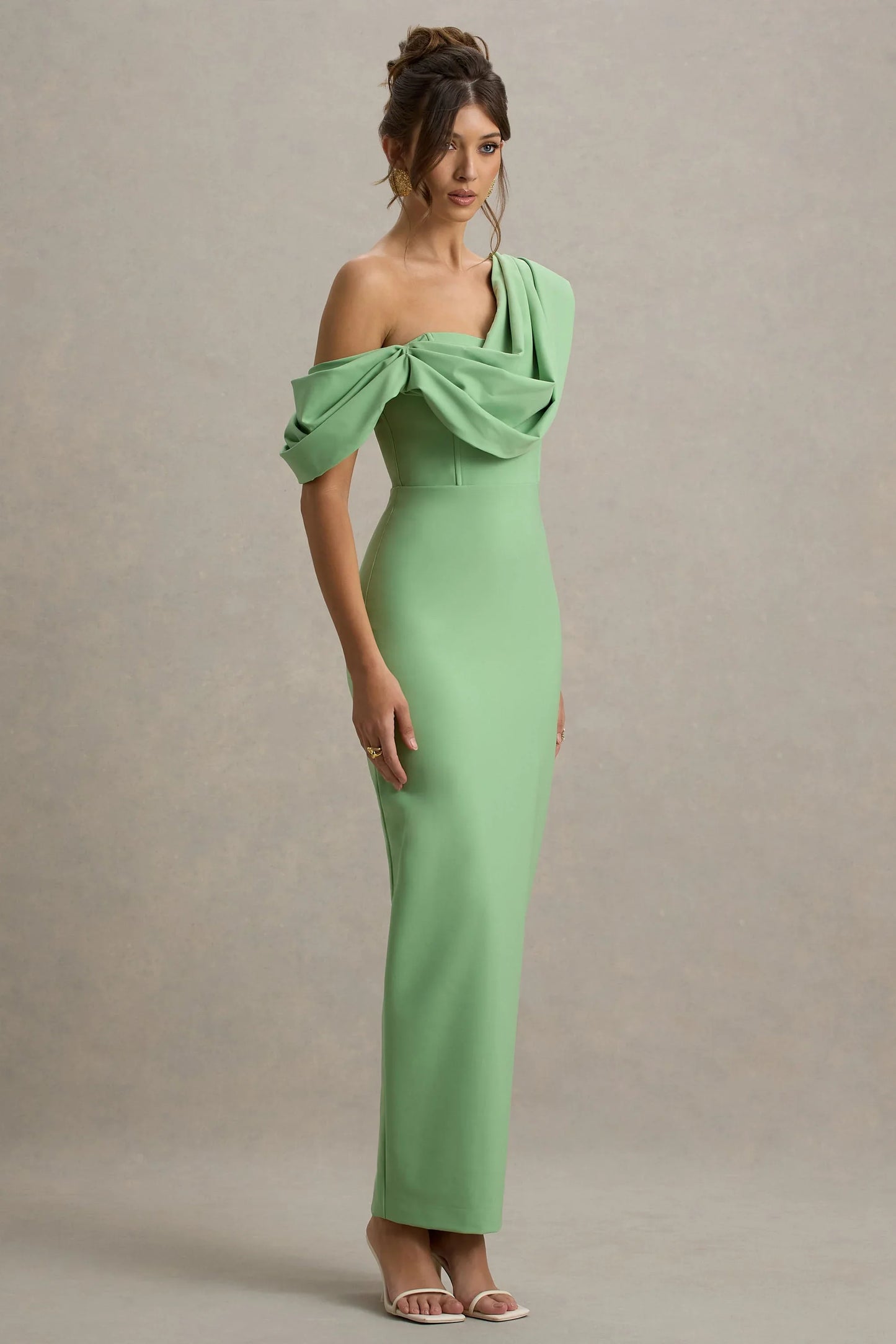 Angelina Green Draped Shoulder Maxi Dress