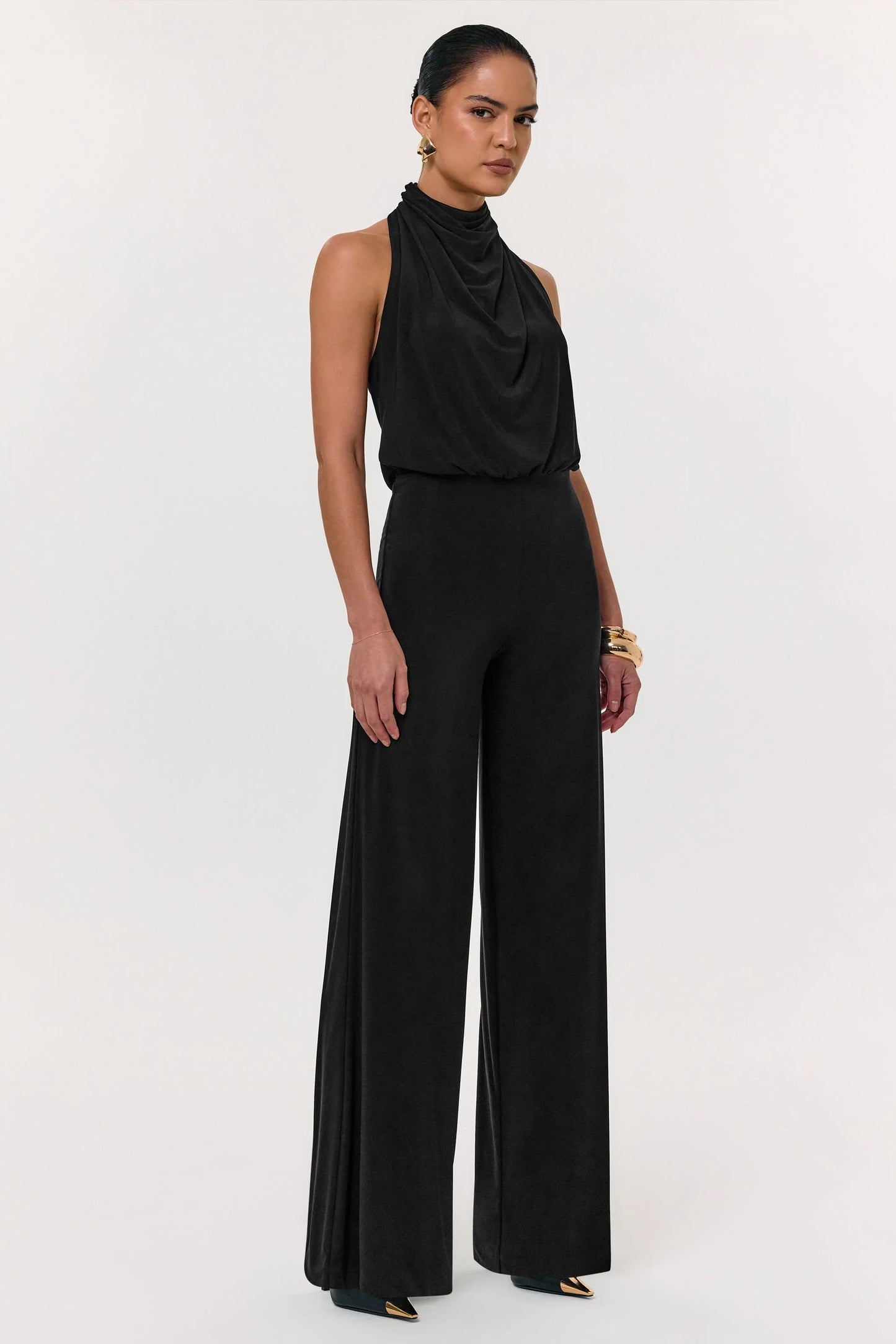 Asha Black High Neck Jumpsuit With Ruched Detail