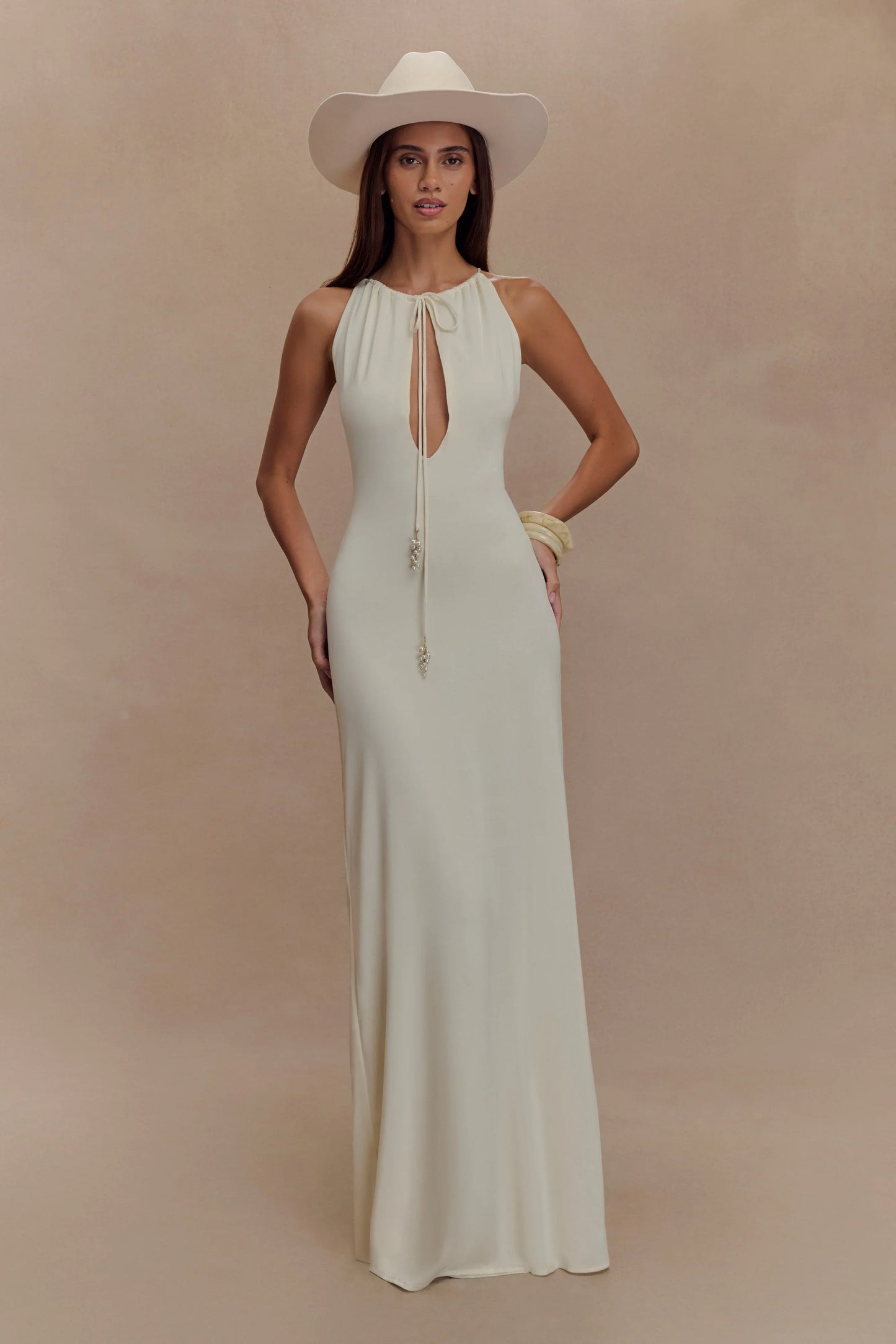 Beryl Slinky Maxi Dress With Pearls Ivory