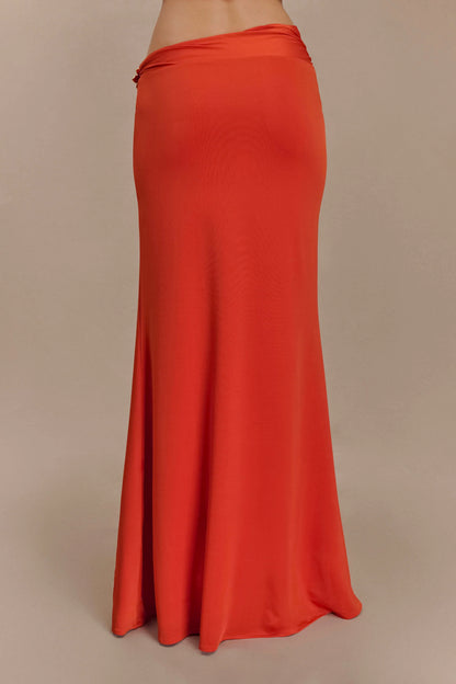 Ainsley Asymmetrical Maxi Skirt With Floral Hardware Burnt Orange