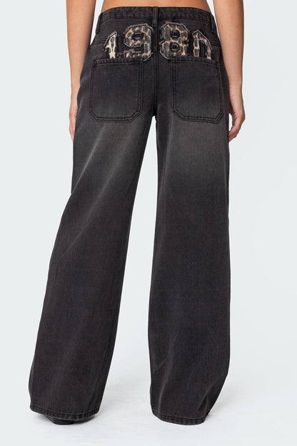 1980 Leopard Patch Low Rise Baggy Jeans