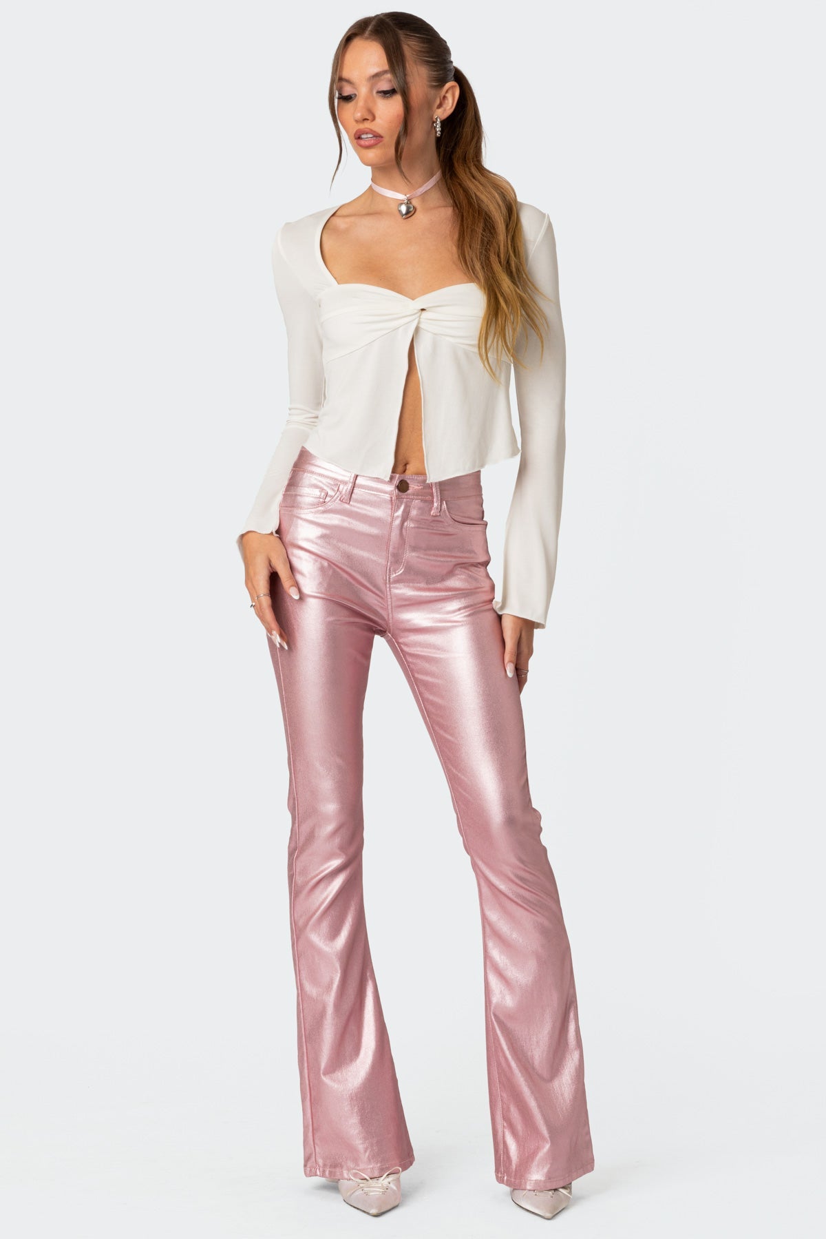 Luna Faux Leather Mid Rise Flared Jeans