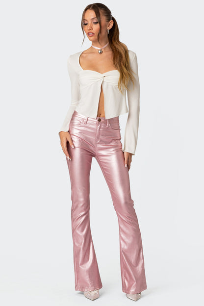 Luna Faux Leather Mid Rise Flared Jeans