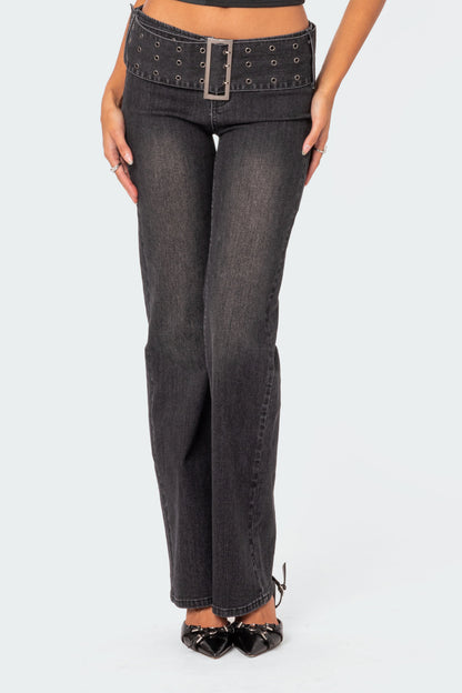 Buckle Belt Washed Low Rise Flared Jeans