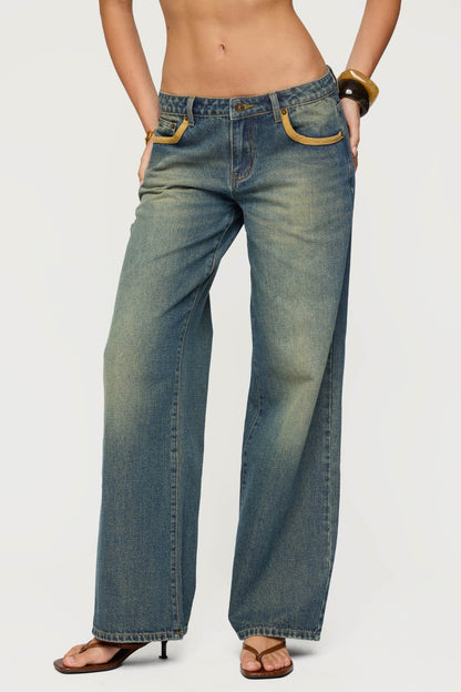 Faux Suede Star Low Rise Baggy Jeans