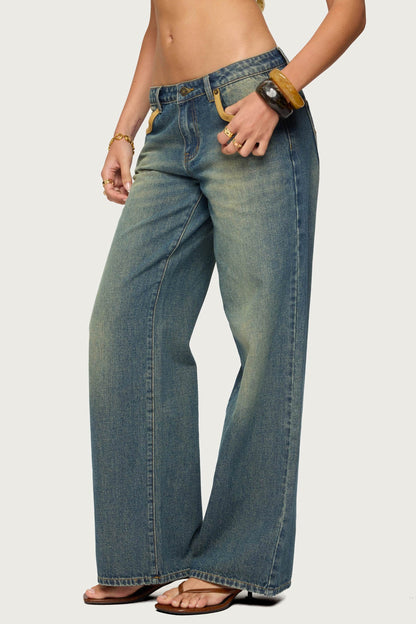 Faux Suede Star Low Rise Baggy Jeans