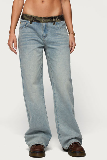 Camo Waist Low Rise Baggy Jeans