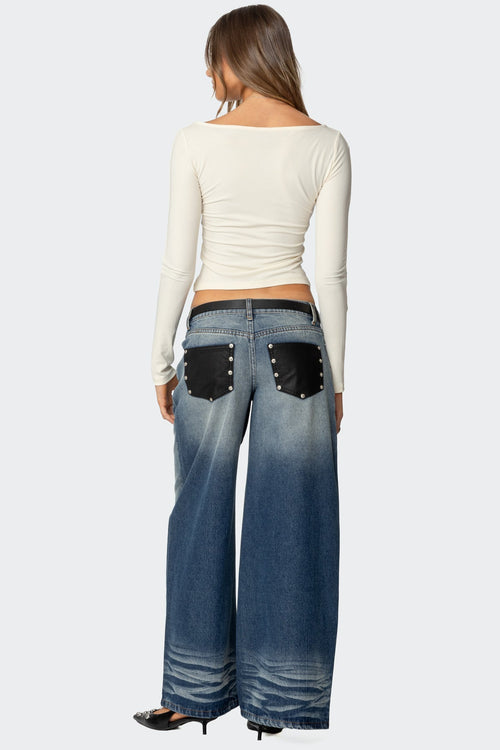 Faux Leather Pocket Low Rise Baggy Jeans