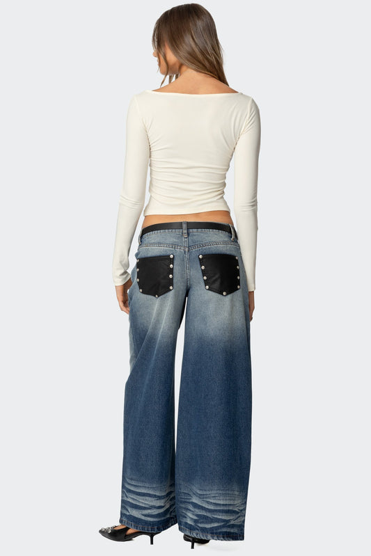 Faux Leather Pocket Low Rise Baggy Jeans