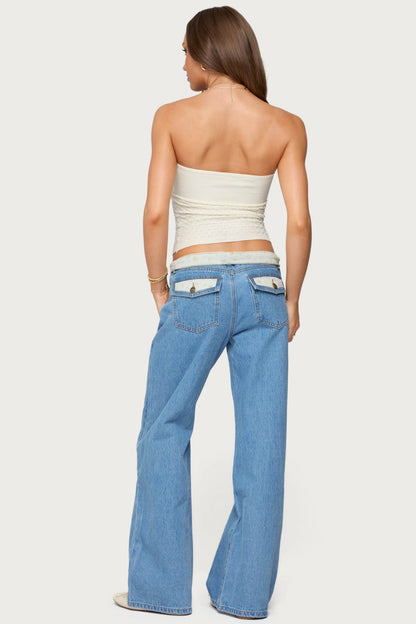 Floral Foldover Low Rise Baggy Jeans