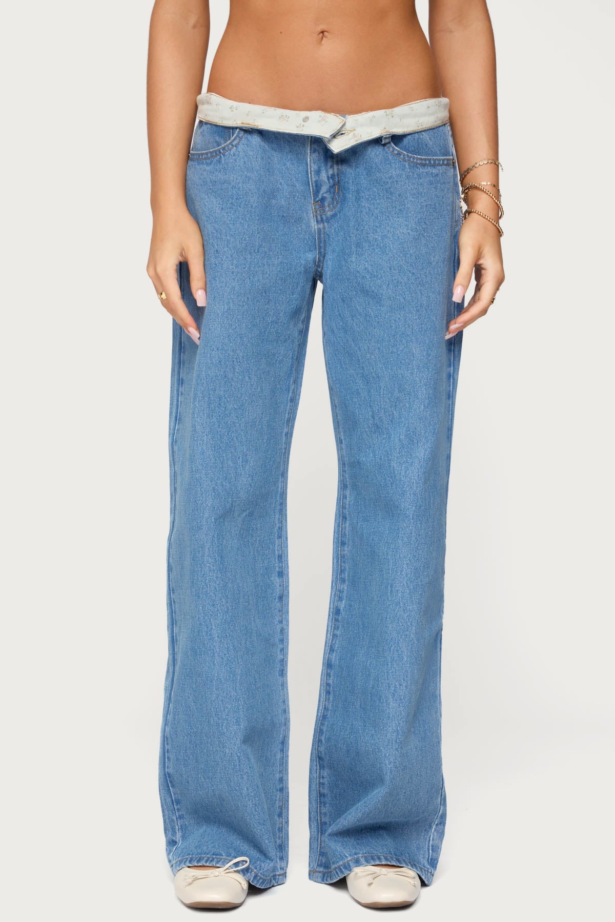 Floral Foldover Low Rise Baggy Jeans