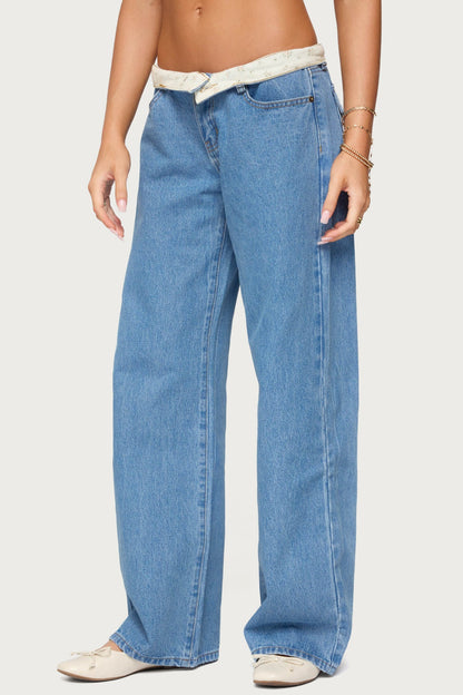Floral Foldover Low Rise Baggy Jeans