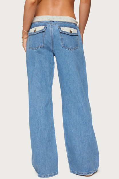 Floral Foldover Low Rise Baggy Jeans