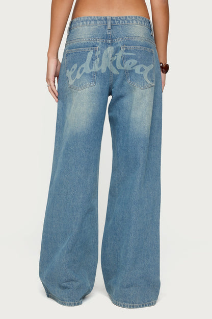 Graphic Vintage Washed Low Rise Baggy Jeans