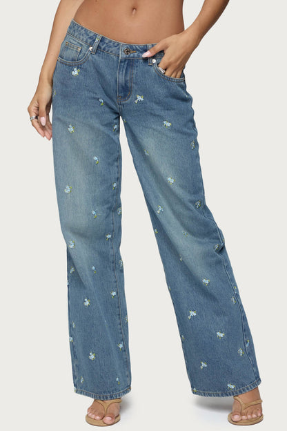 Edna Embroidered Floral Low Rise Baggy Jeans