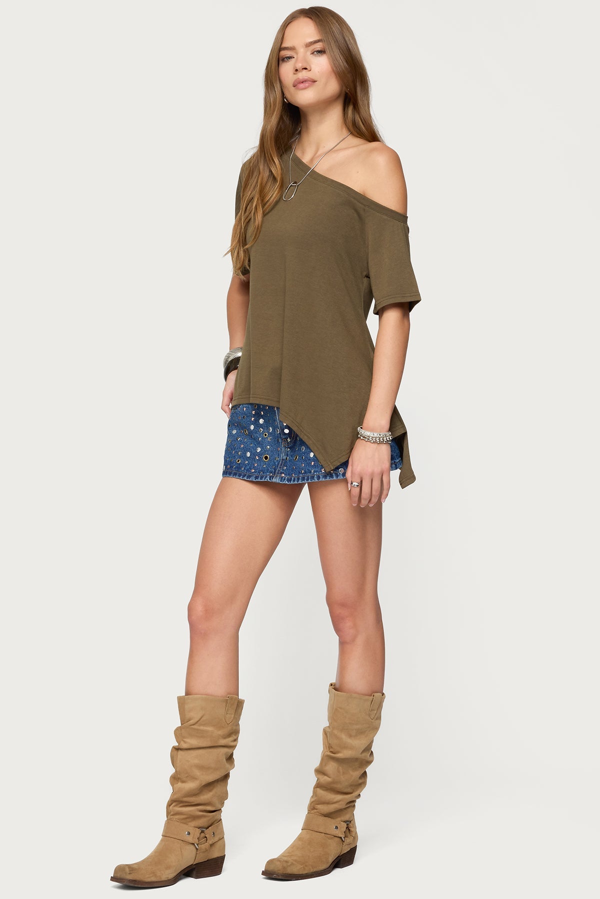 Studded Grommet Denim Mini Skort