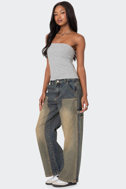 Contrast Panel Washed Mid Rise Baggy Jeans