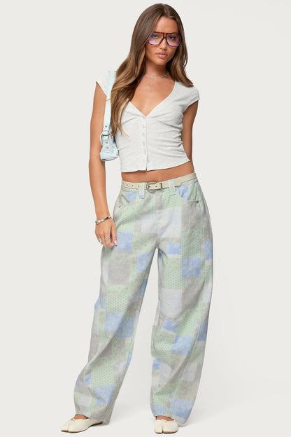 Patchwork Low Rise Barrel Leg Jeans