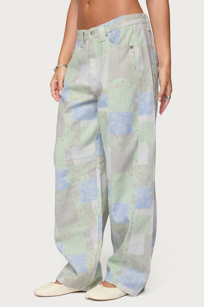 Patchwork Low Rise Barrel Leg Jeans