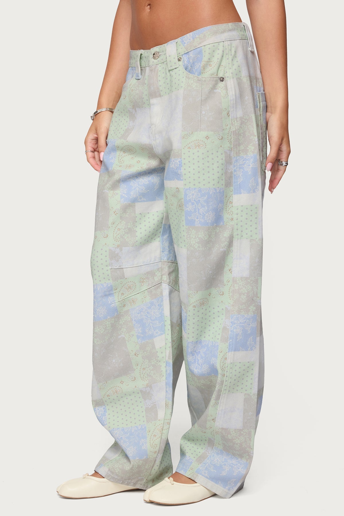 Patchwork Low Rise Barrel Leg Jeans