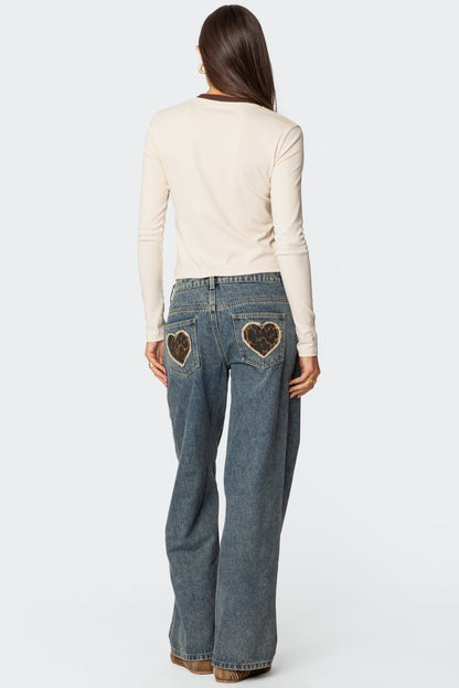 Leopard Heart Low Rise Baggy Jeans