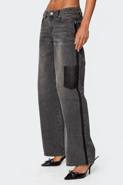 Contrast Pocket Washed Low Rise Baggy Jeans