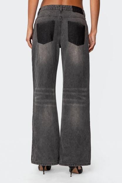 Contrast Pocket Washed Low Rise Baggy Jeans